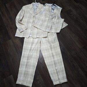 Stacey Adams Handsom Spring Yellow/Cream Plaid 3pc Suit . Pants 34/27 44 Regular